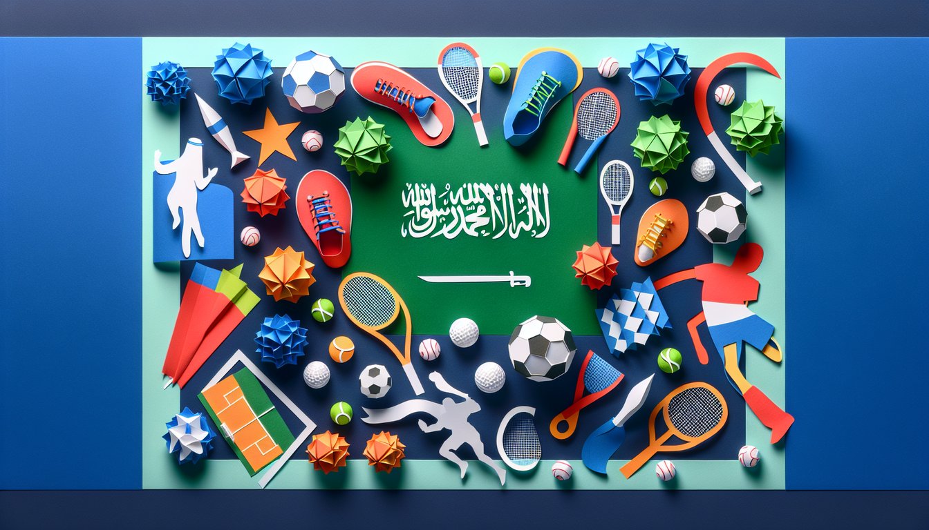 Colorful paper art showcasing elements related to Saudi Arabia sports trivia quiz.