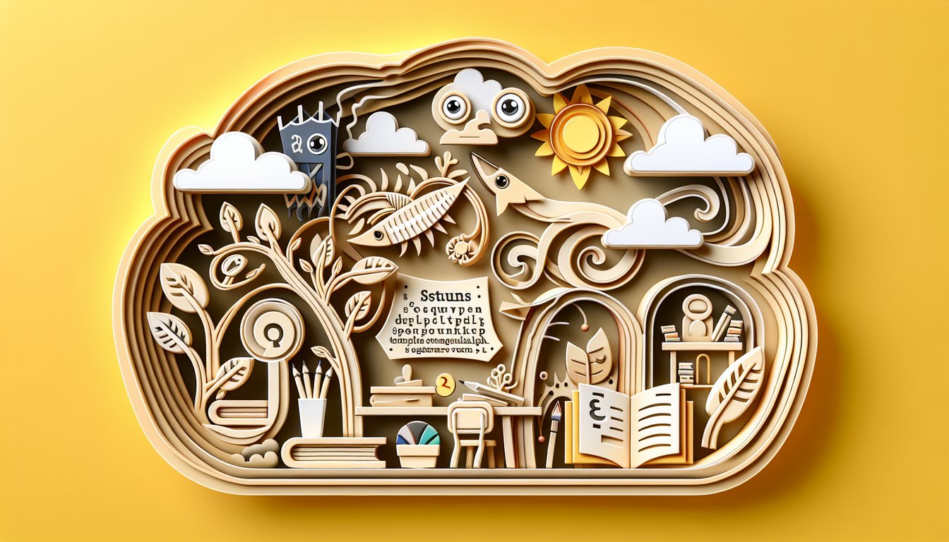 Paper art illustration for middle school grammar quiz on a golden yellow background