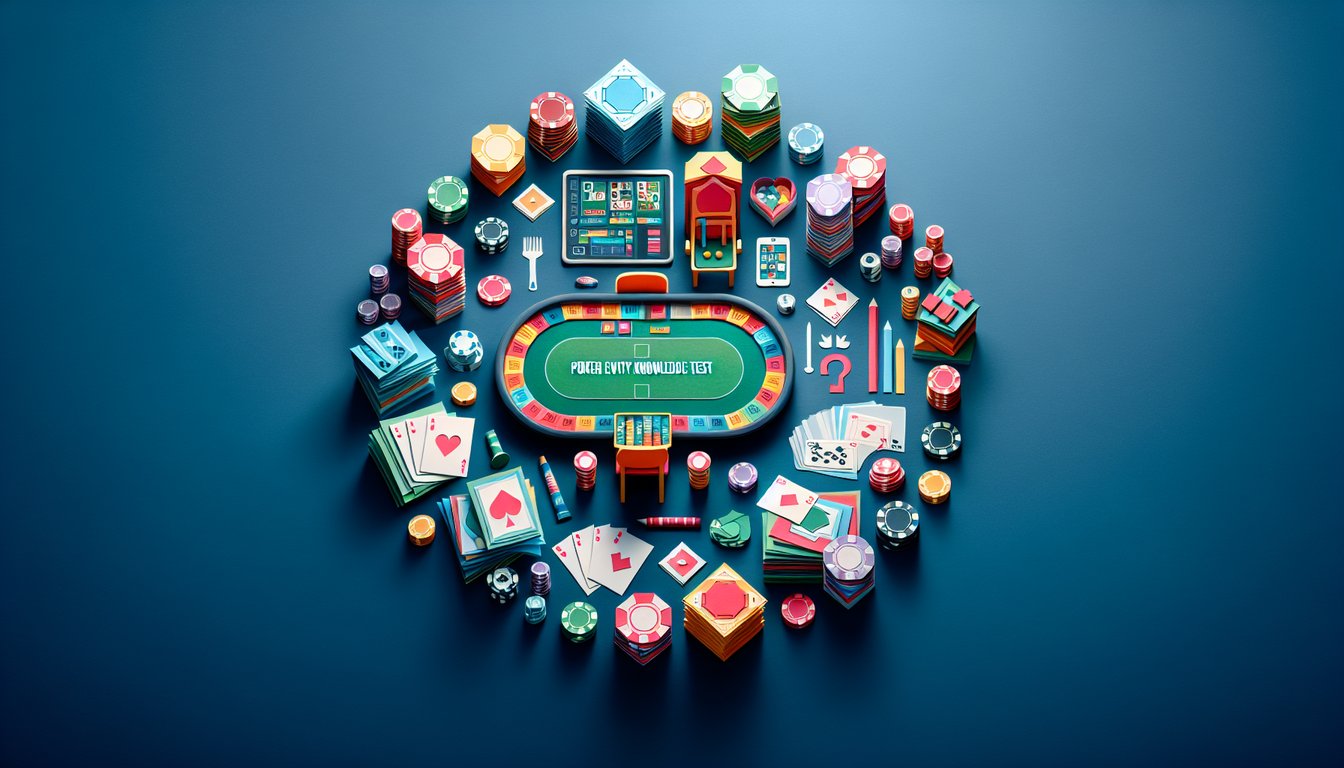 Colorful paper art showcasing a trivia quiz on Poker Equity Knowledge Test