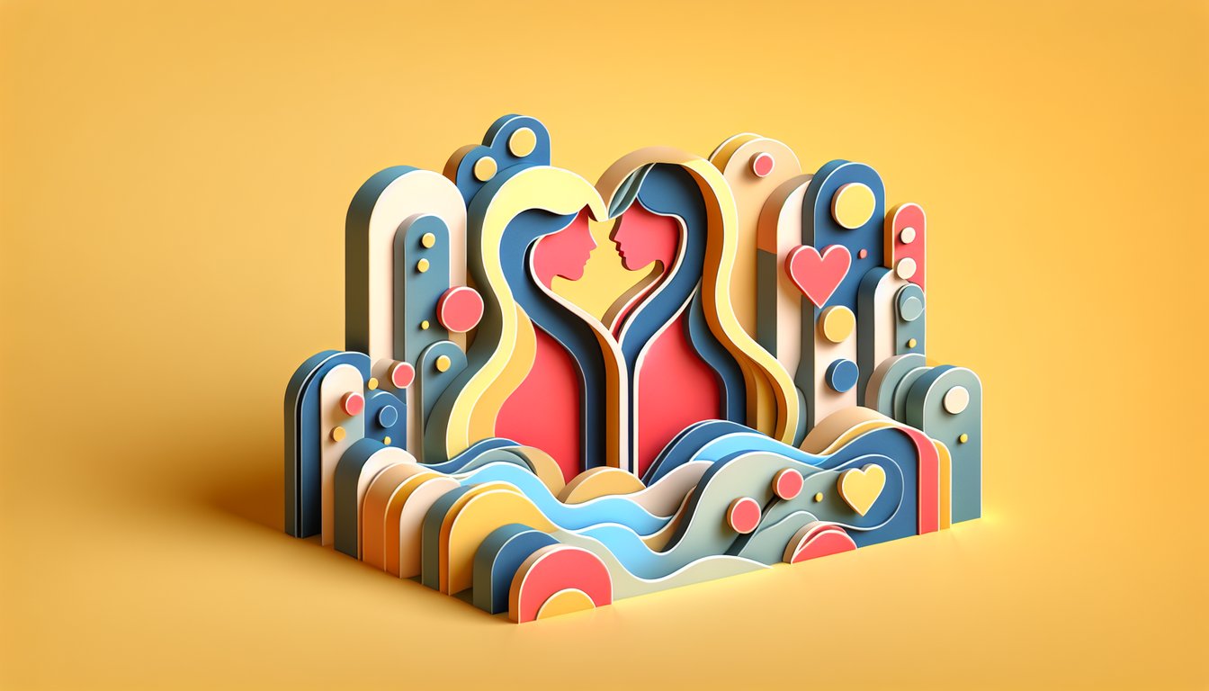Paper art style showing two Pokemon silhouettes in vibrant colors on golden yellow background for couple personality quiz