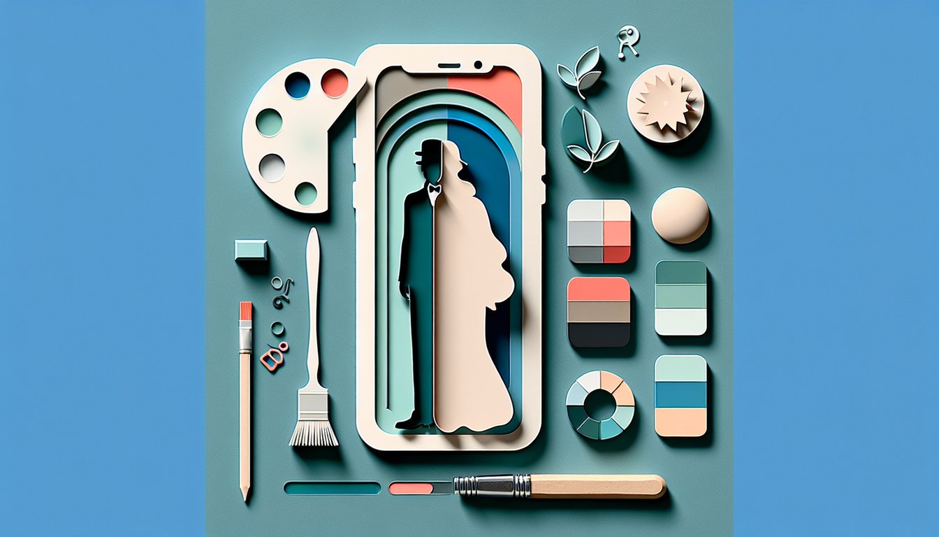 Paper art style iPhone shapes in multiple colors on teal background representing a style quiz to find ideal shade
