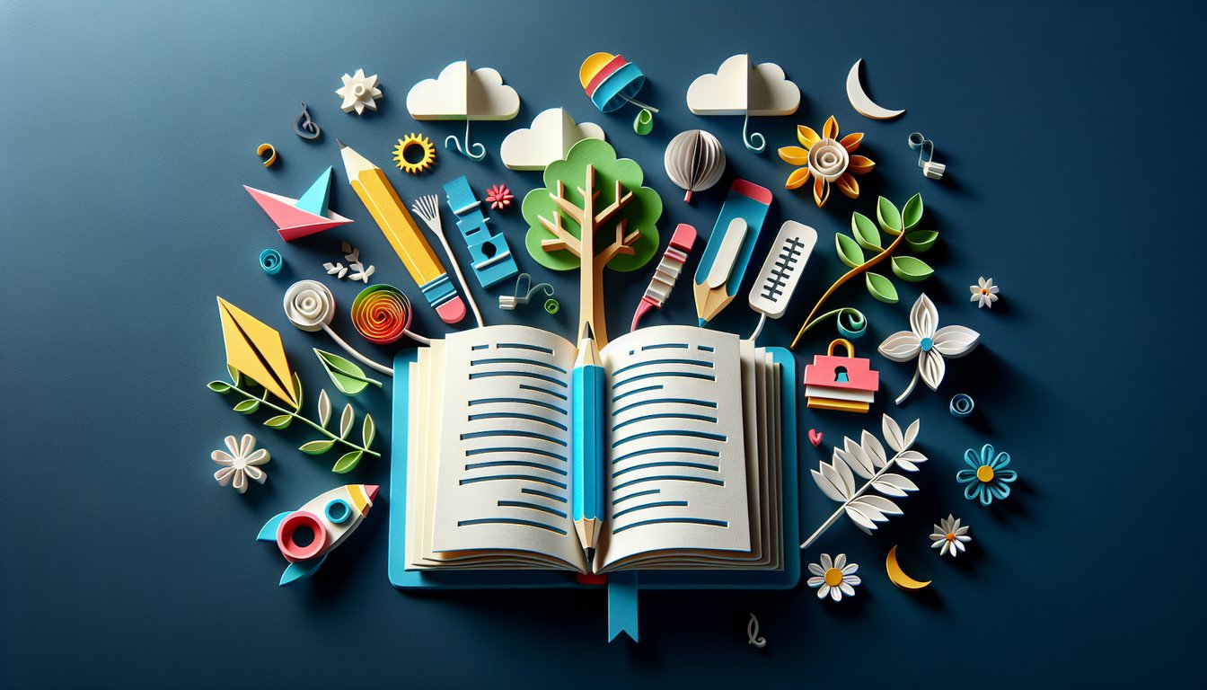 Colorful paper art promoting an Intermediate English Grammar and Vocabulary Quiz