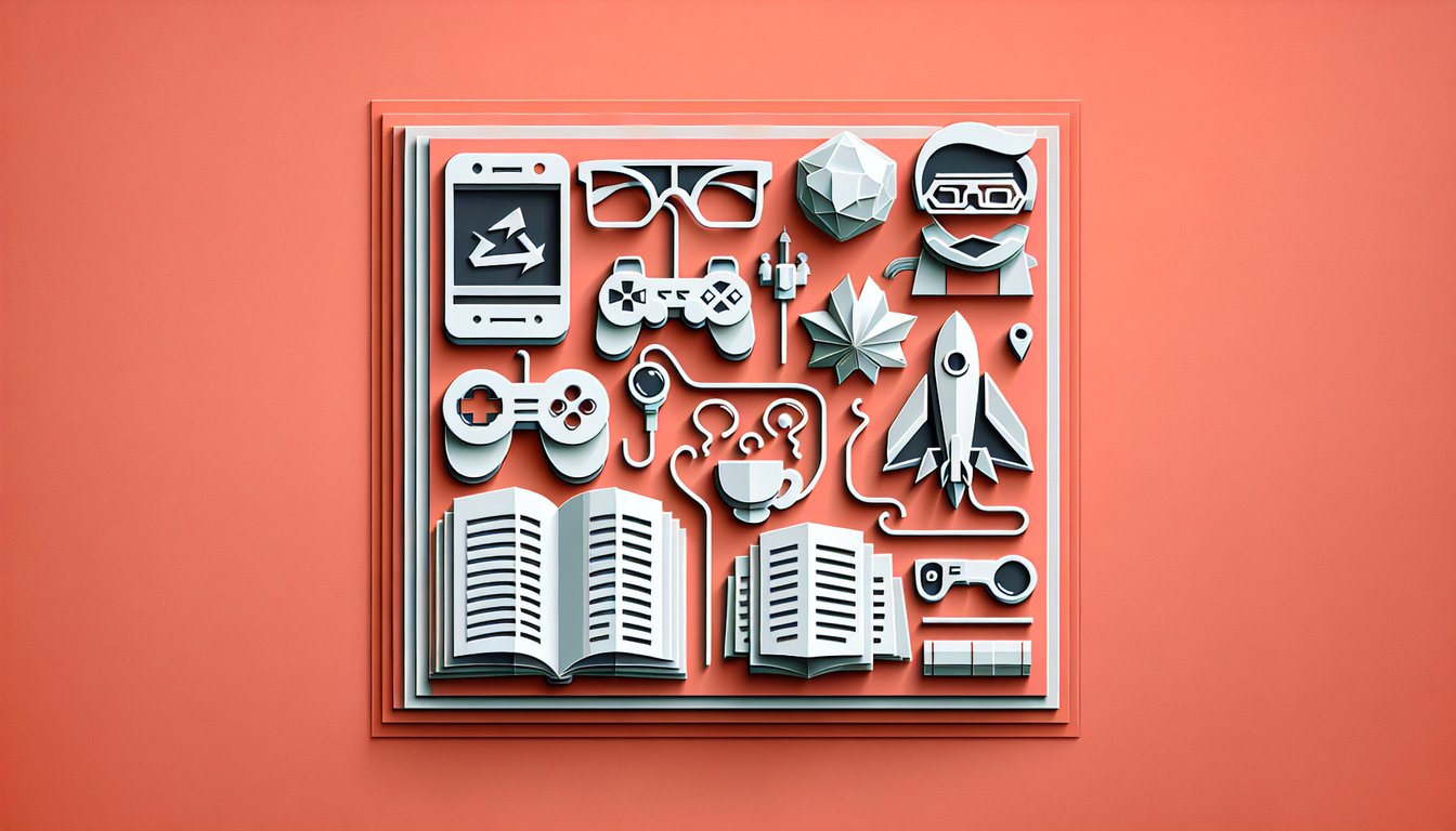 Paper art illustration for a geek personality quiz on coral background with game controller glasses and stars