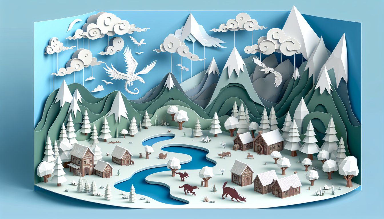 Paper art illustration for free Lord of the Rings quiz with Middle-earth map swords characters on sky blue background