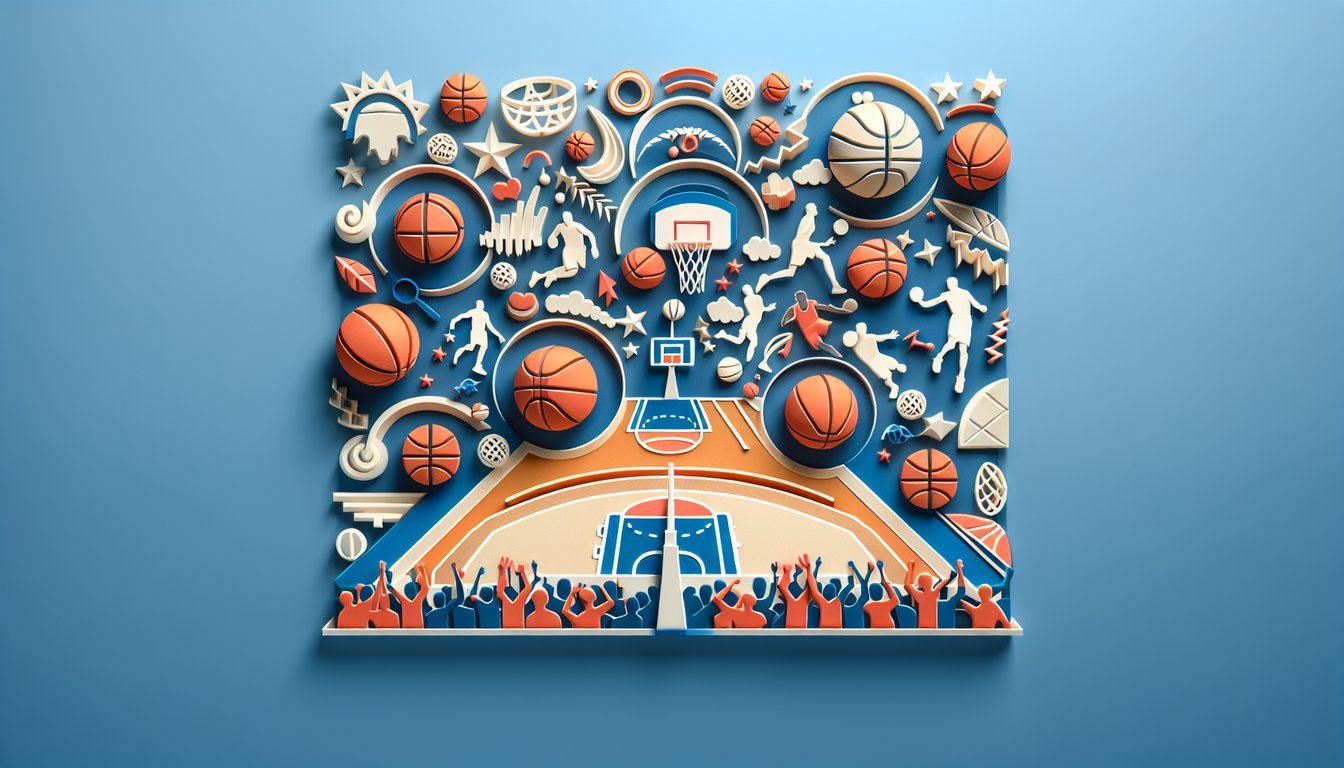 Paper art style basketball, trivia quiz title, hoop cutouts on sky blue background, fun challenge vibe.