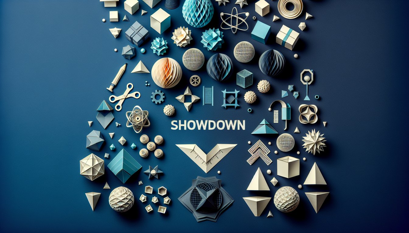 Colorful paper art promoting 3D Shapes Showdown, a middle school geometry quiz.
