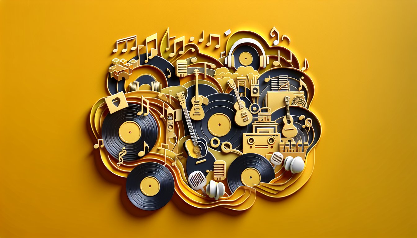 Paper art style illustration of music quiz elements vinyl record microphone headphones and notes on golden yellow background