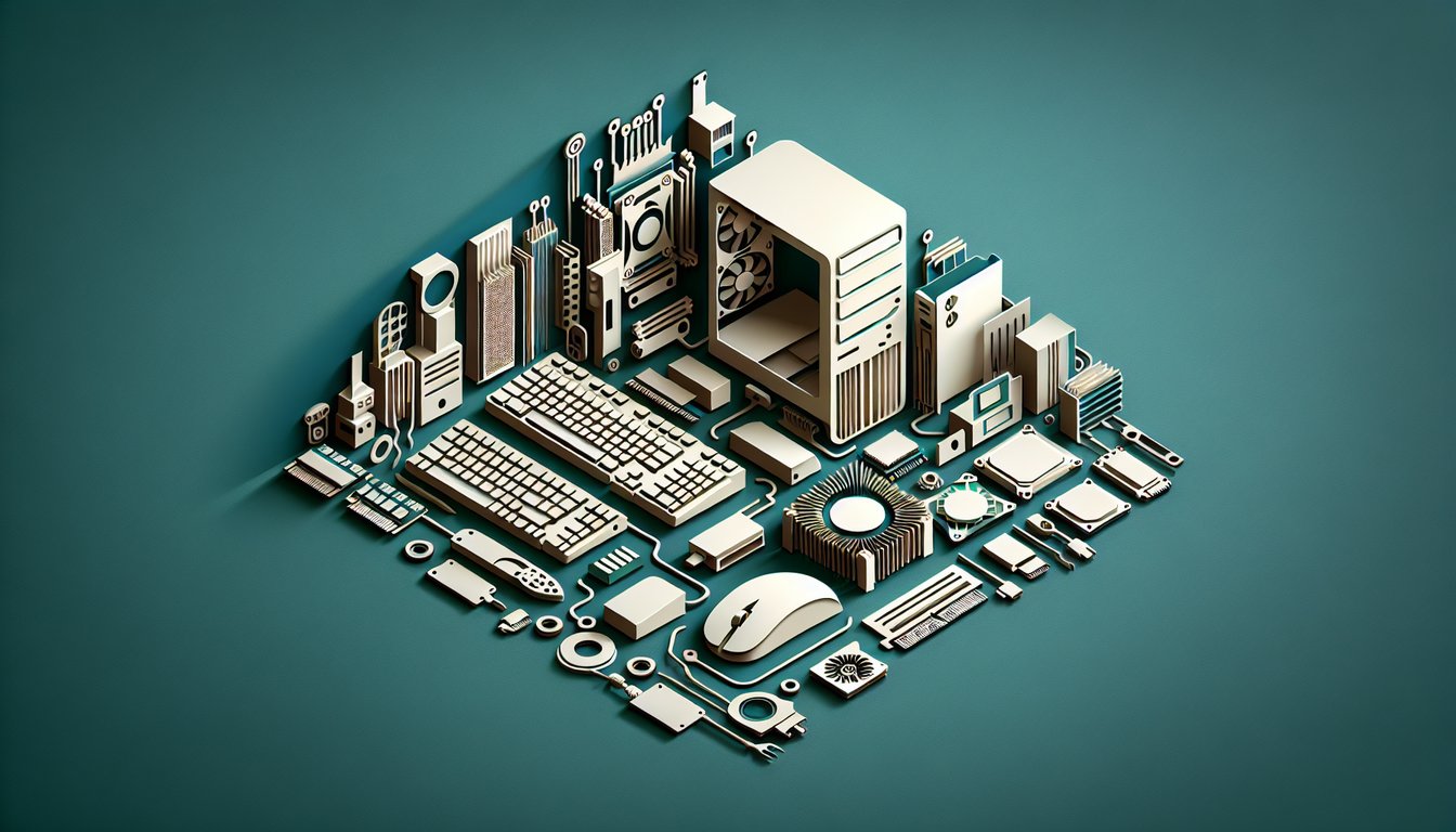 Paper art computer parts quiz illustration with keyboard mouse motherboard RAM CPU on teal background