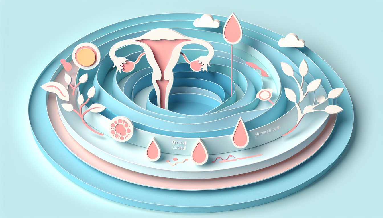 Paper art menstrual cycle phases quiz with calendar and uterus graphics on sky blue background.