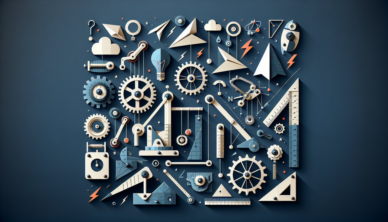 Colorful paper art promoting Simple Machines Showdown, a science trivia quiz for middle schoolers.