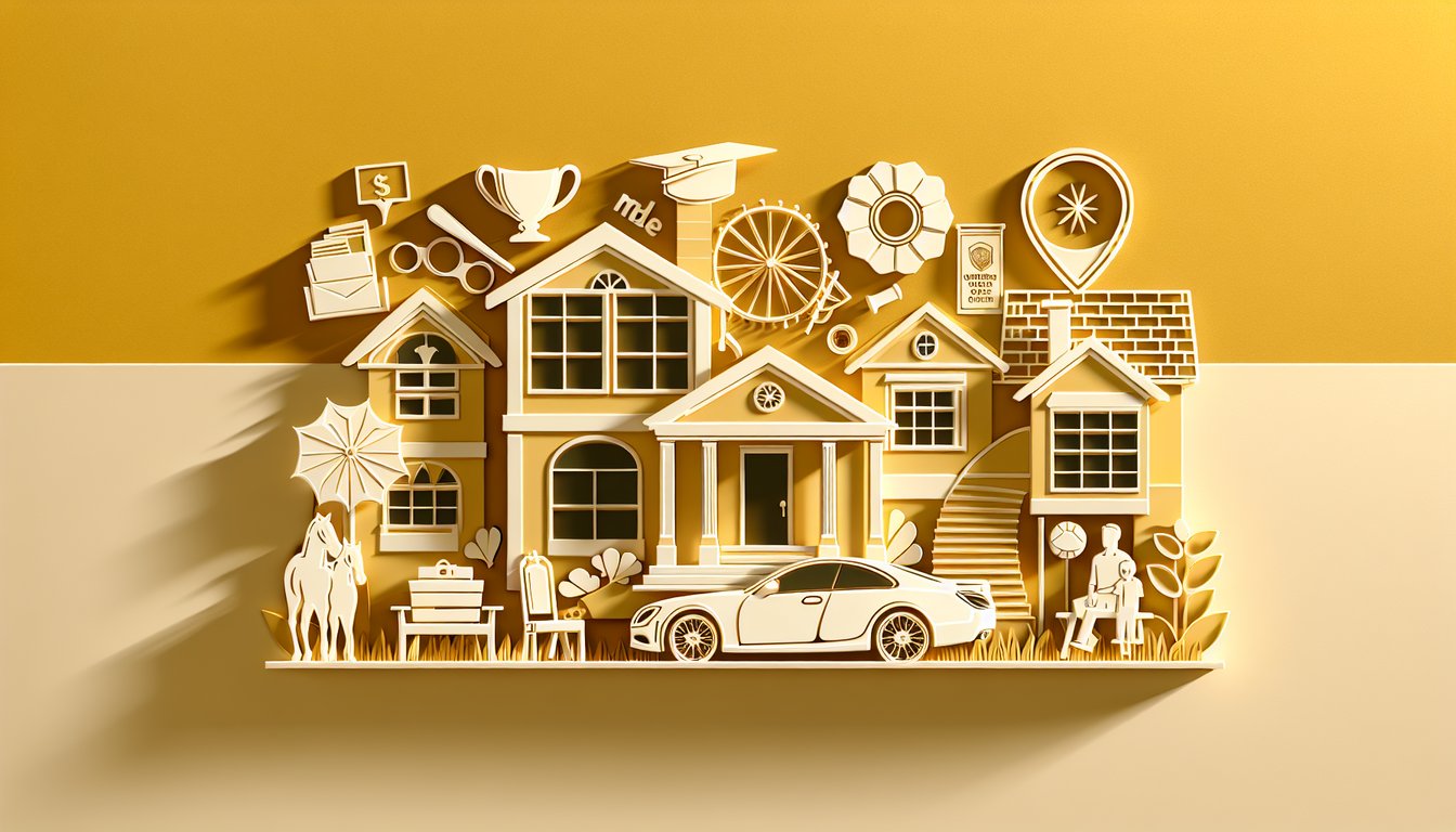 Paper cut quiz illustration of upscale homes cars books coins ladder on golden yellow background