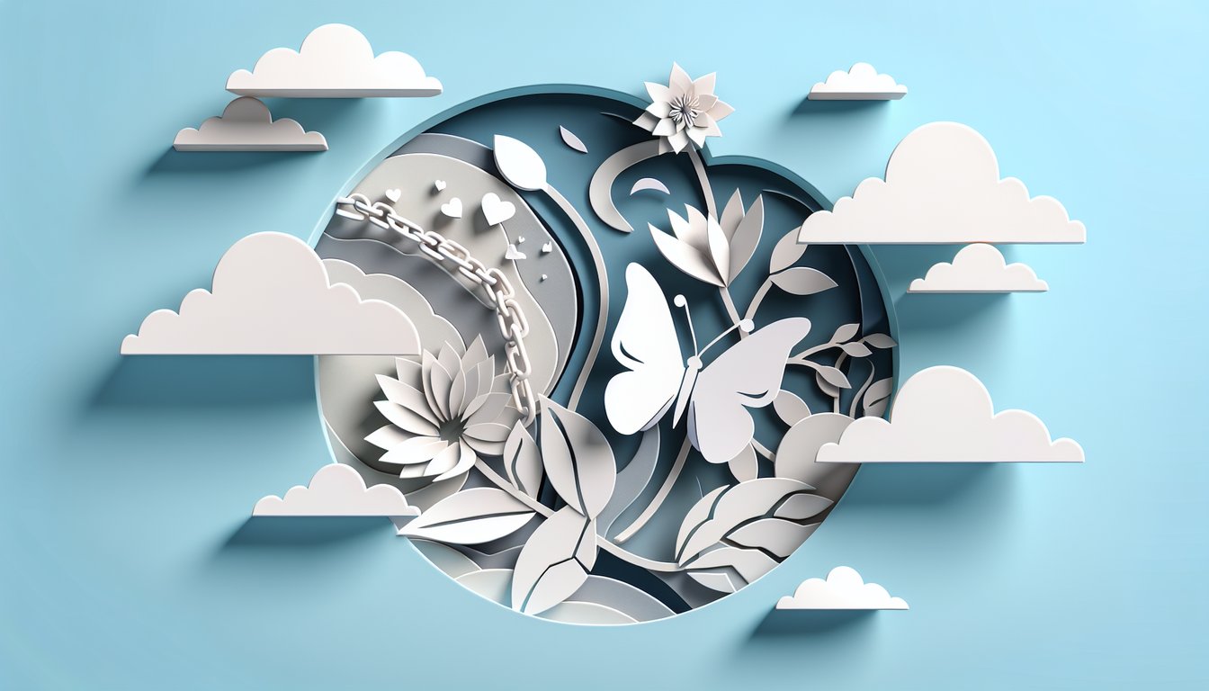 Paper art illustration for grief stages quiz on a sky blue background