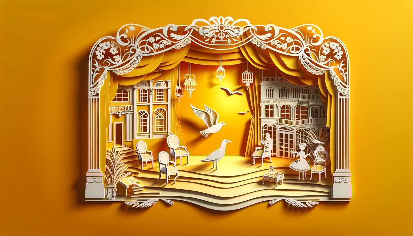 paper art seagull soaring above script and theater masks on golden yellow background for quiz on seagull play characters