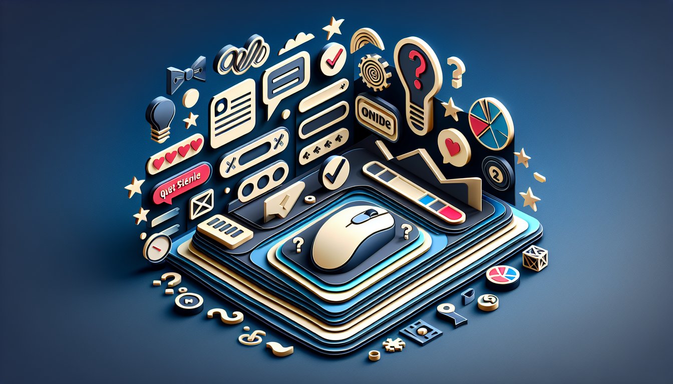 Paper art illustration quiz icons playful letters spelling fun online quizzes on dark blue background