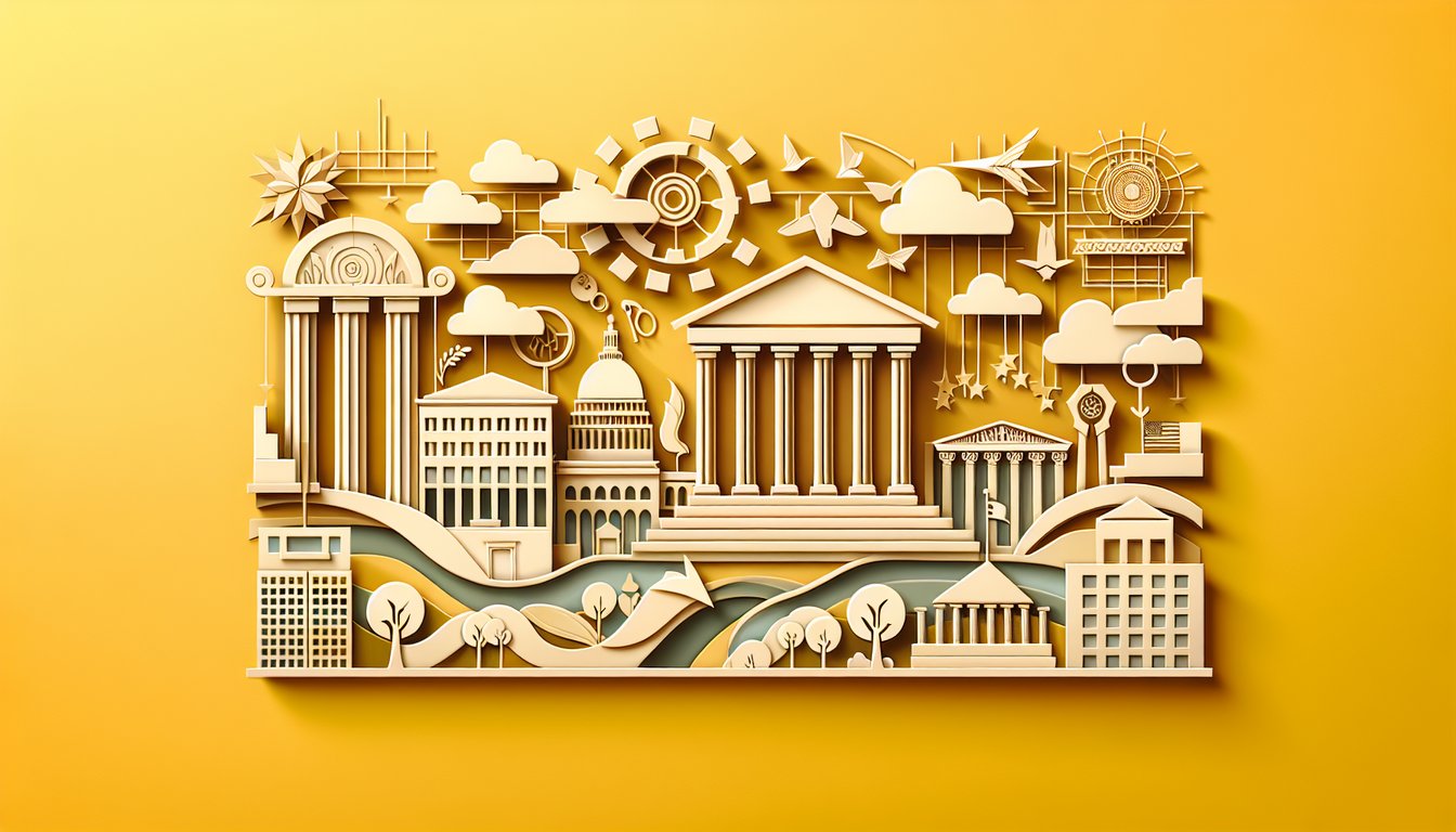 Paper cut art quiz illustration with voting icons network nodes gridlock symbol text blocks on golden yellow background