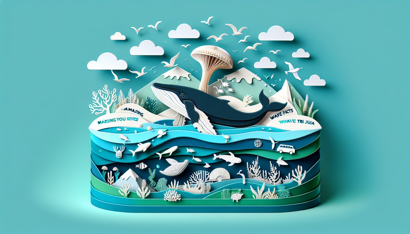 Paper art whales swimming around quiz title on teal background