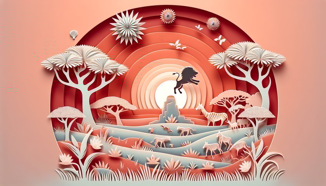 Paper art for Oh I Just Cant Wait to Be King quiz on coral background with colorful cutouts evoking musical vibe