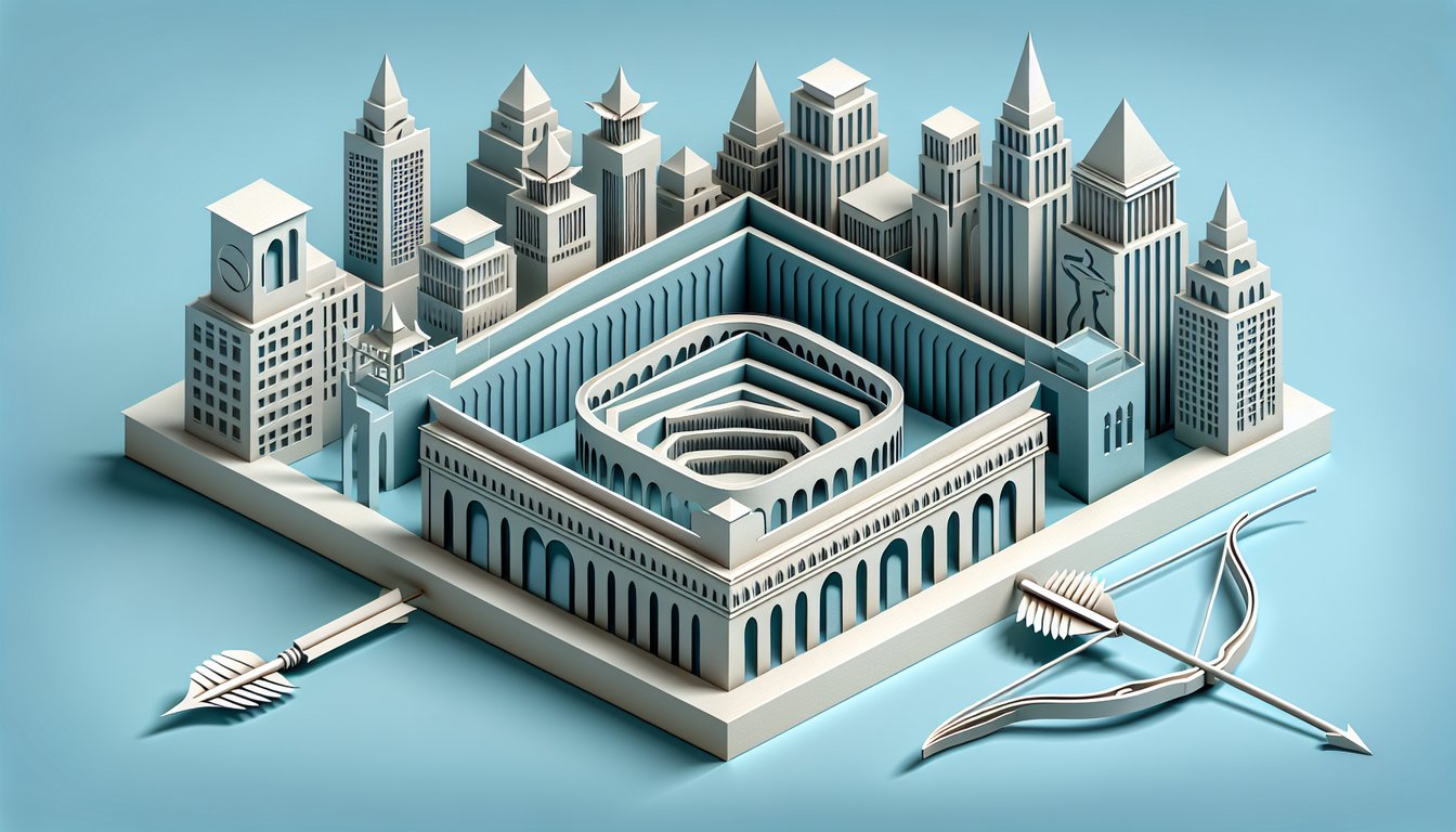 Paper art quiz banner with archer silhouette and Mockingjay pin against arena and Capitol skyline on sky blue background