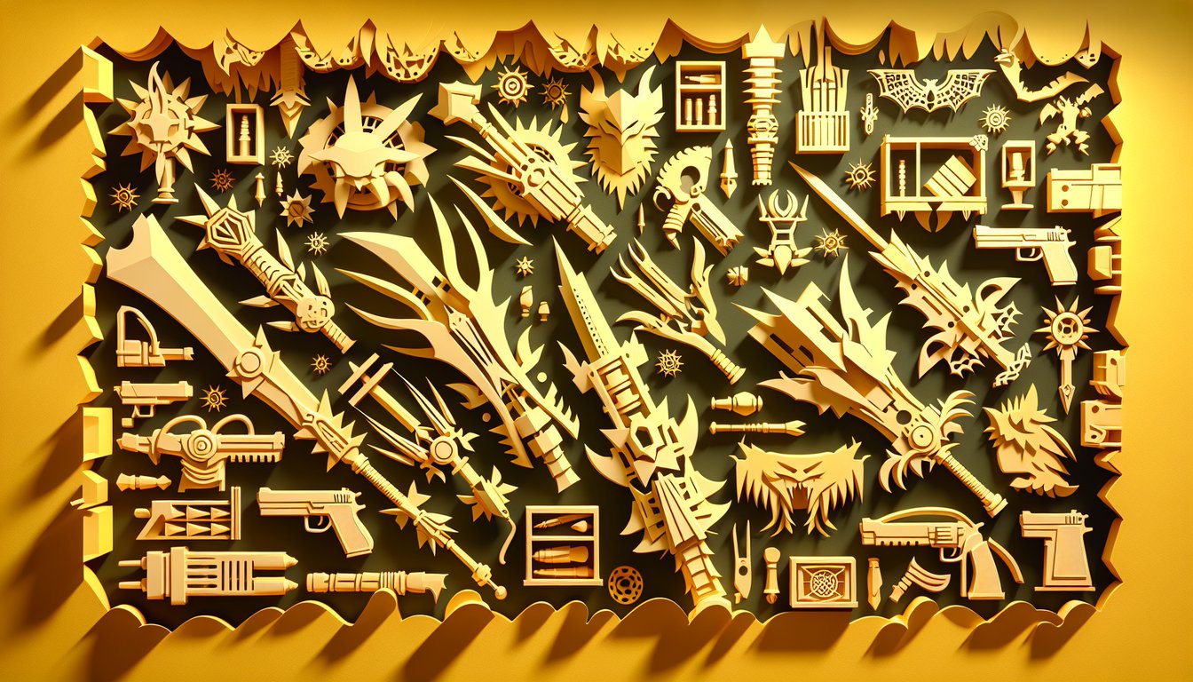 paper art illustrations of stylized swords hammers bows and dual blades arranged on golden yellow background for weapon quiz