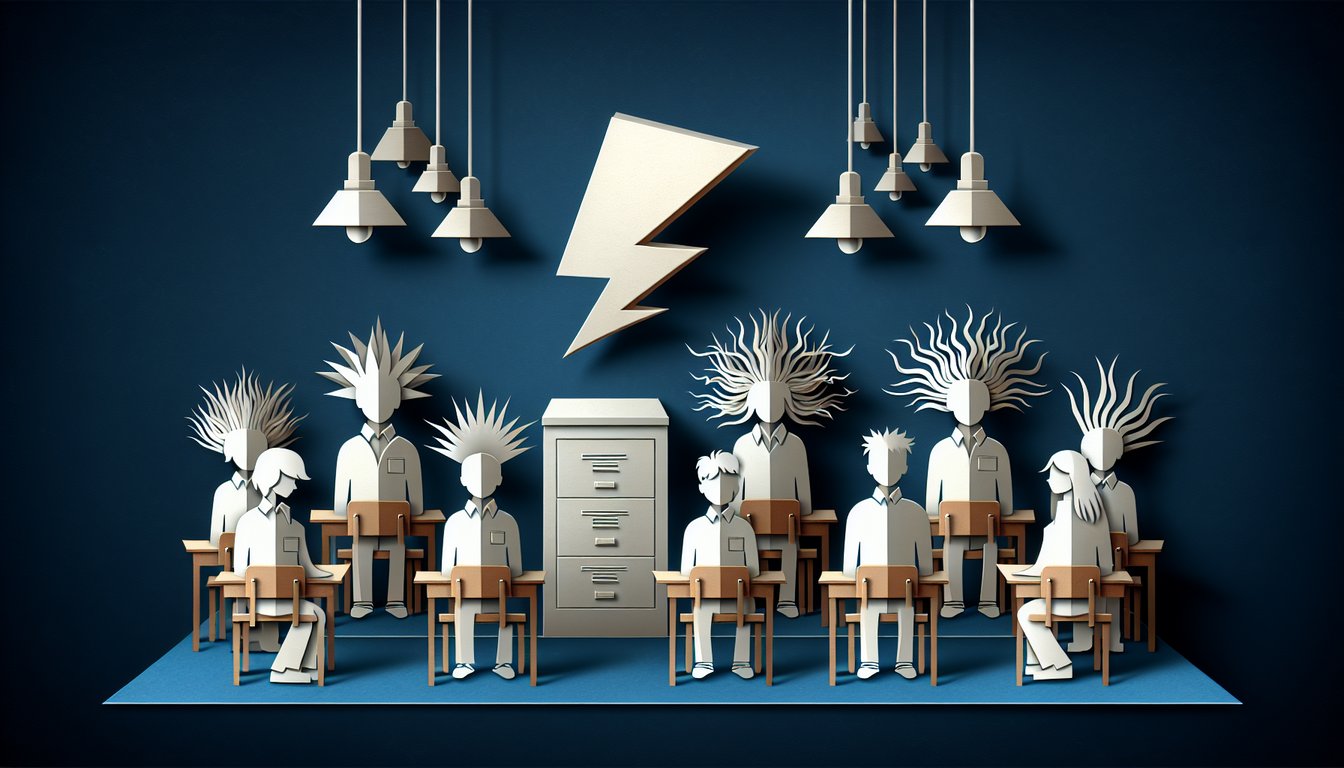 Paper art illustrating a trivia quiz on static electricity for high school physics students.