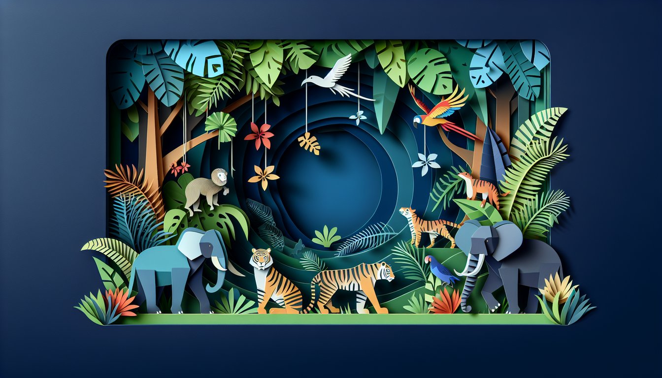 Paper art jungle animals and foliage on dark blue background with call to take a free quiz to find your matching creature