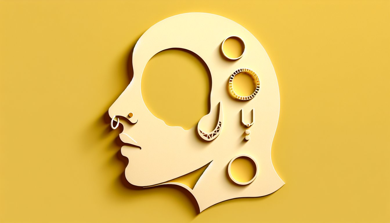 Paper art face with stud hoop septum nose ring options on golden yellow background for personality quiz