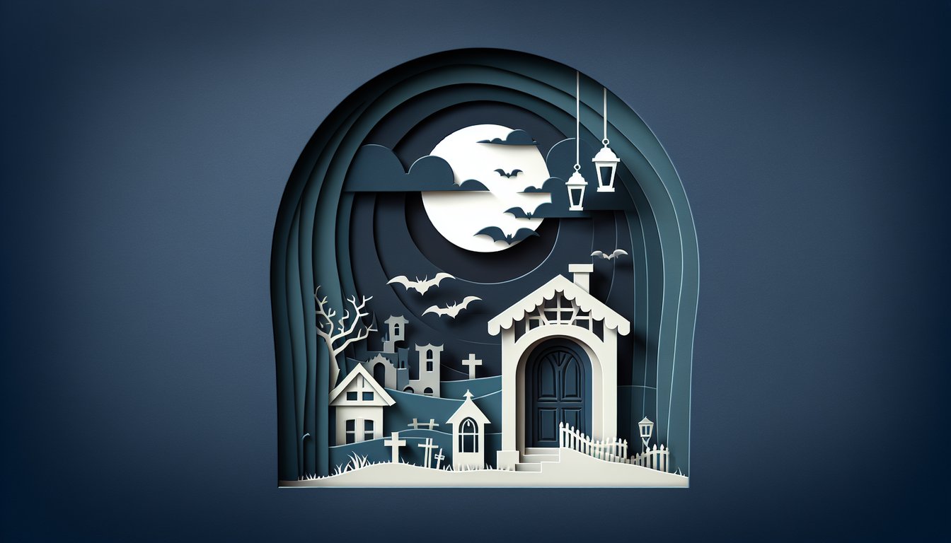 Paper art illustration for horror quiz with chilling masks, knives, tombstones, haunted mansion on dark blue background
