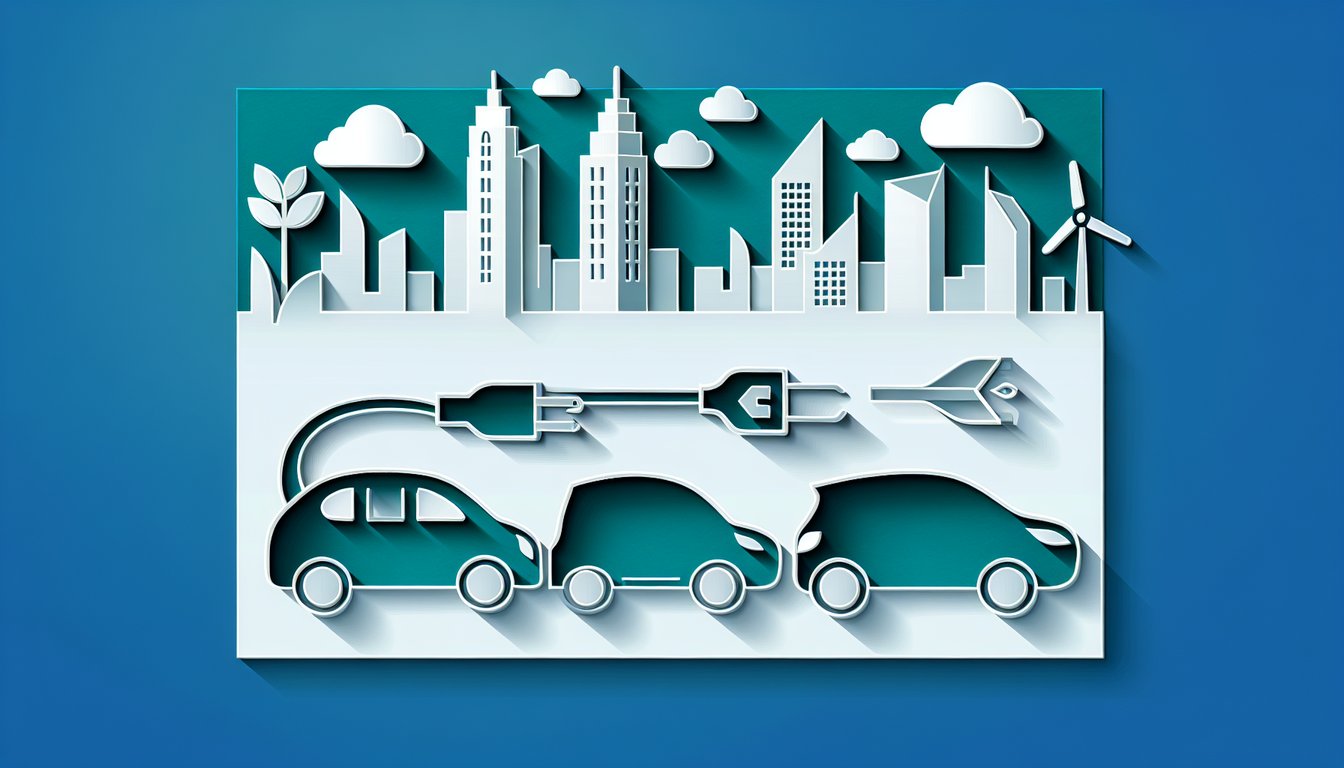 Paper art illustration for car buying quiz on teal background, featuring electric and hybrid cars, pollution, and tech.
