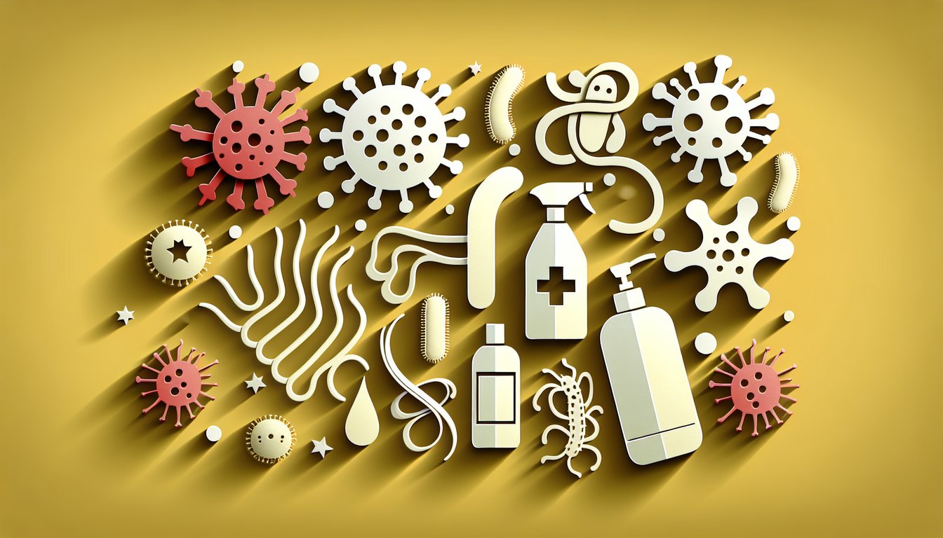 Paper art of bacteria shapes disinfectant spray soap on golden yellow background for infection control quiz
