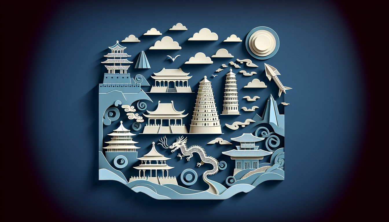 Paper art illustration of Chinese dynasty symbols and timeline on dark blue background for East Asia empires quiz
