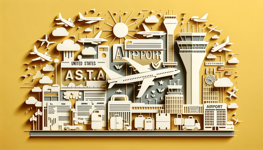 paper art airplane terminal code tags on golden yellow background for US airport codes quiz