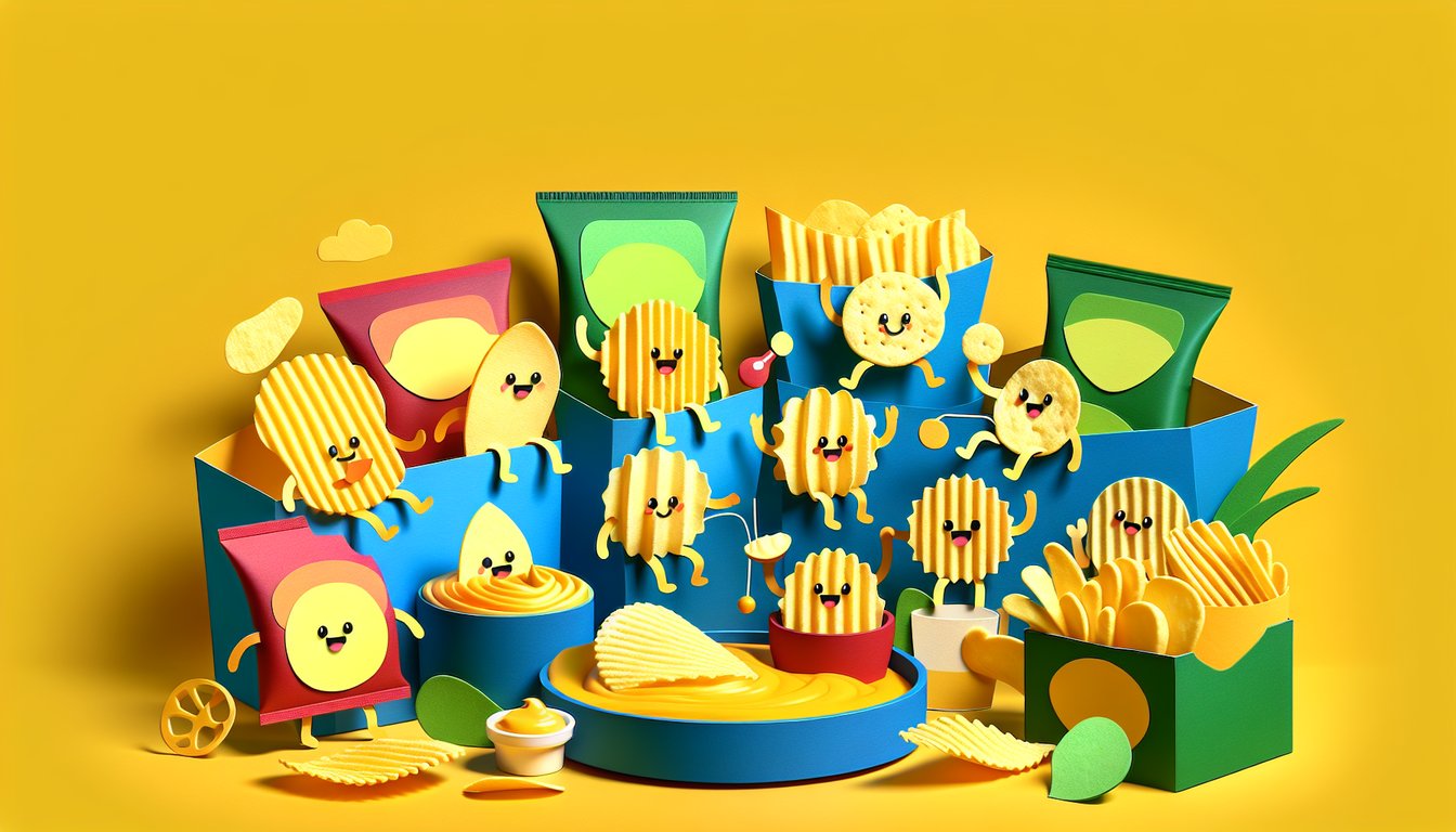 Paper art style potato chips with free flavor quiz title on golden yellow background.