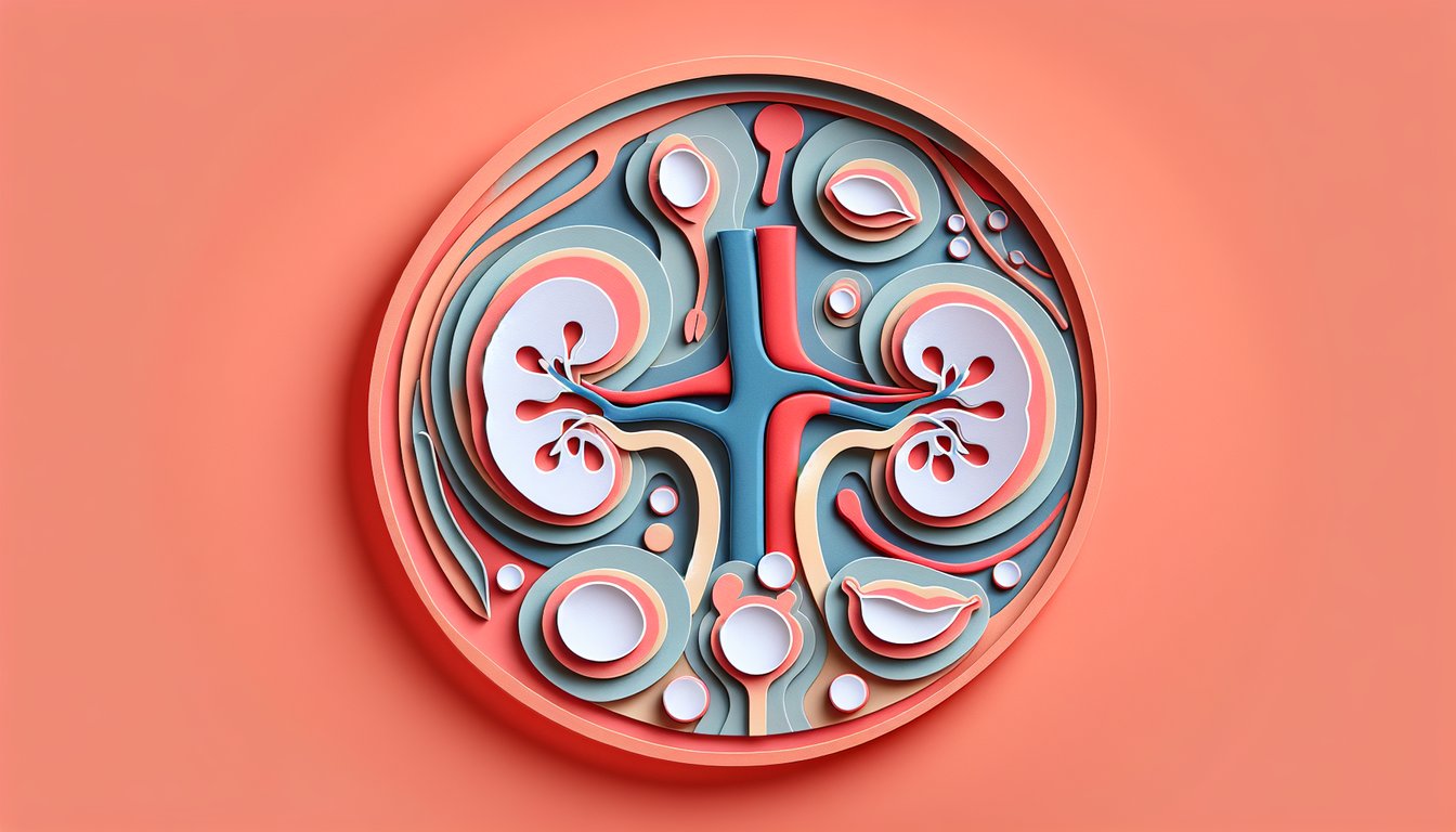 Paper cut embryo kidney and reproductive tract illustration on coral background
