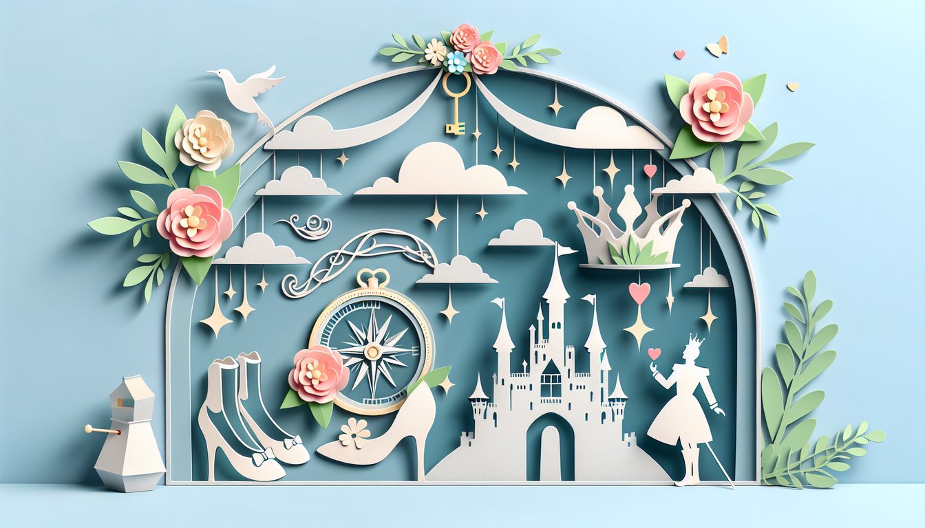 Paper art illustration for a Disney prince soulmate quiz on a sky blue background