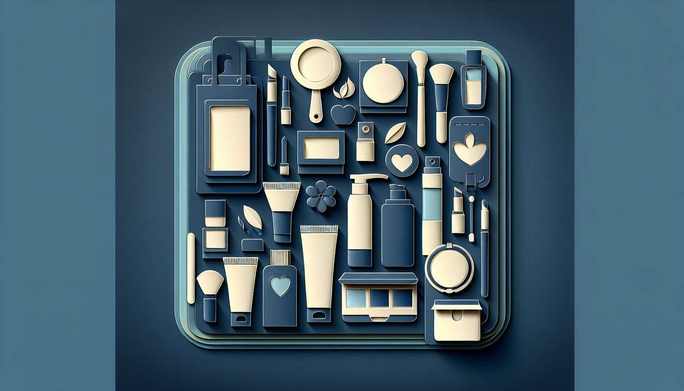 paper art illustration with makeup brushes lipstick palette and mask on dark blue background for cosmetology trivia