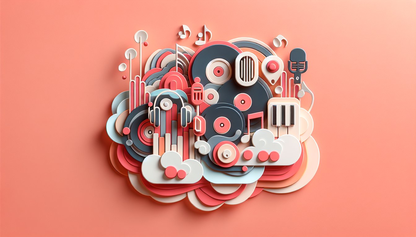 Paper art illustration for Ariana Grande song personality quiz on a coral background