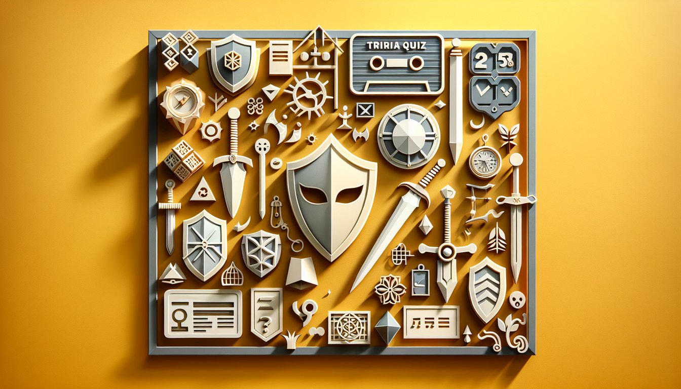 Paper art style Majoras Mask Keaton quiz invite on golden yellow background with layered mask shapes and quiz text prompts