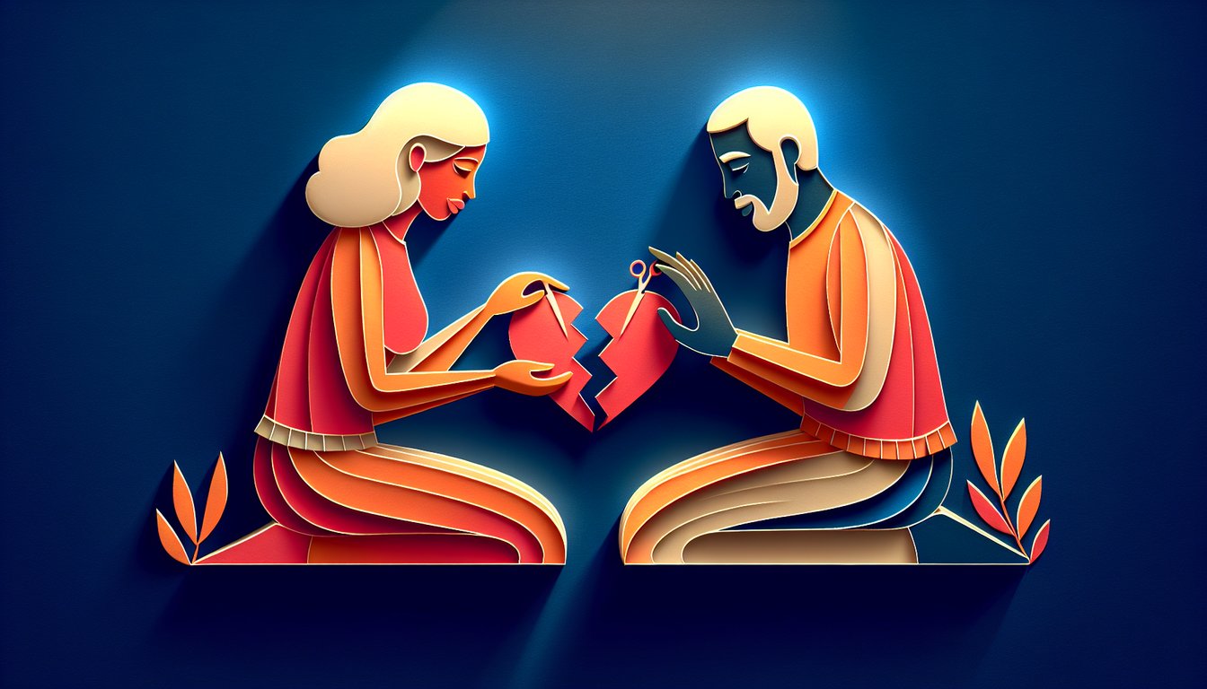 Paper art illustration two torn hearts on dark blue background invites honest answers to test if marriage can be saved