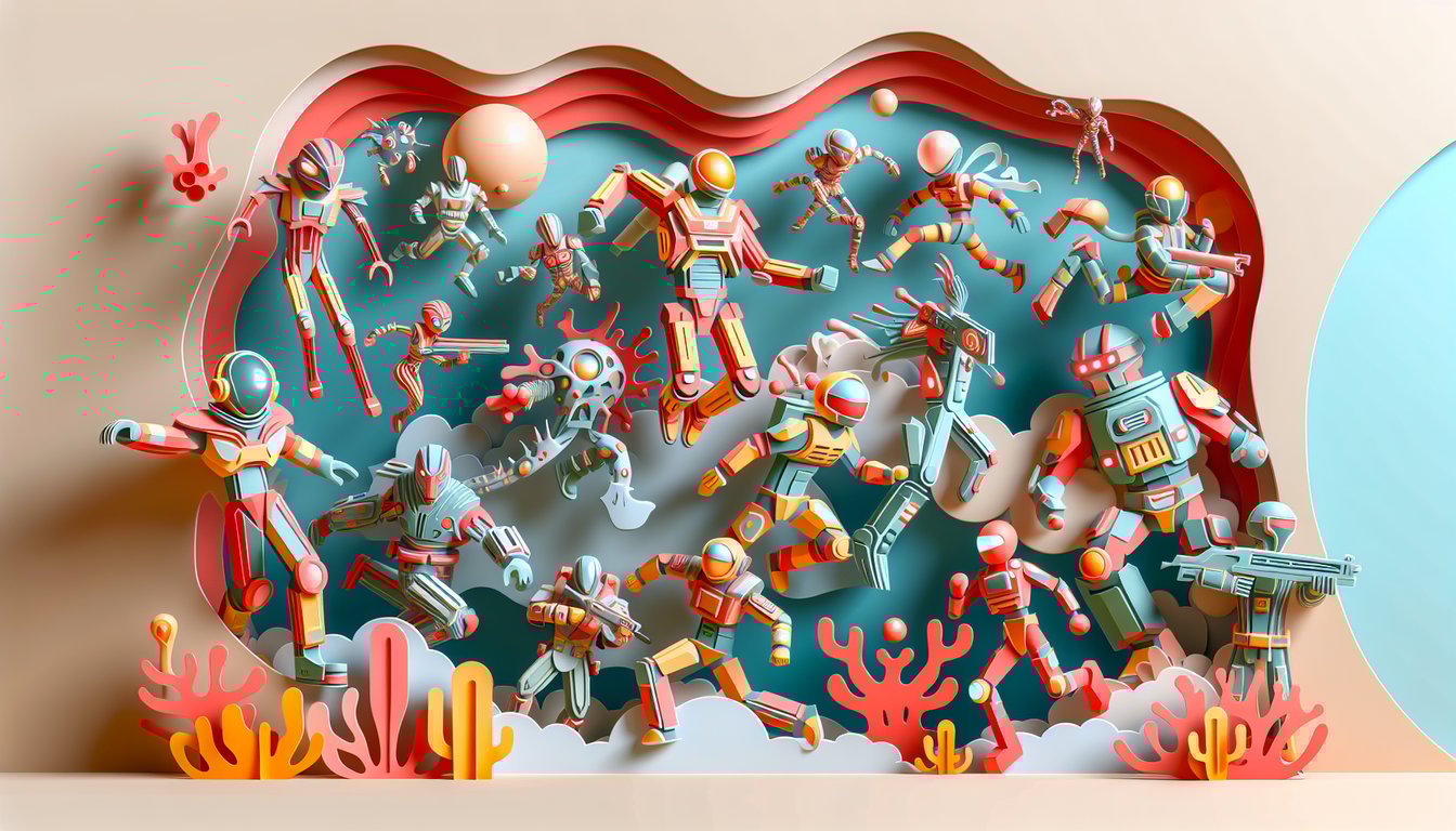 Paper art illustration of Ginyu Force members Captain Ginyu and battle scenes on coral background for quiz.