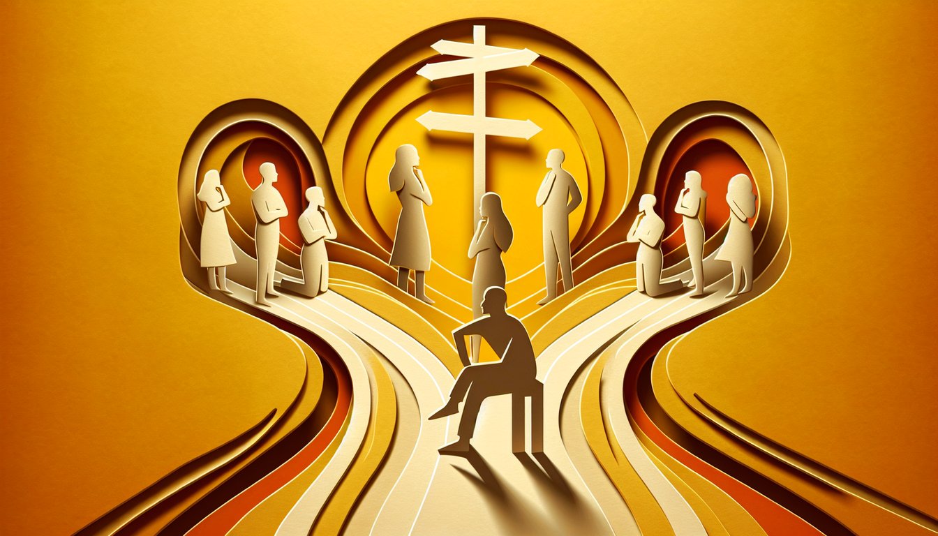 Paper art illustration for a humanity test quiz on a golden yellow background