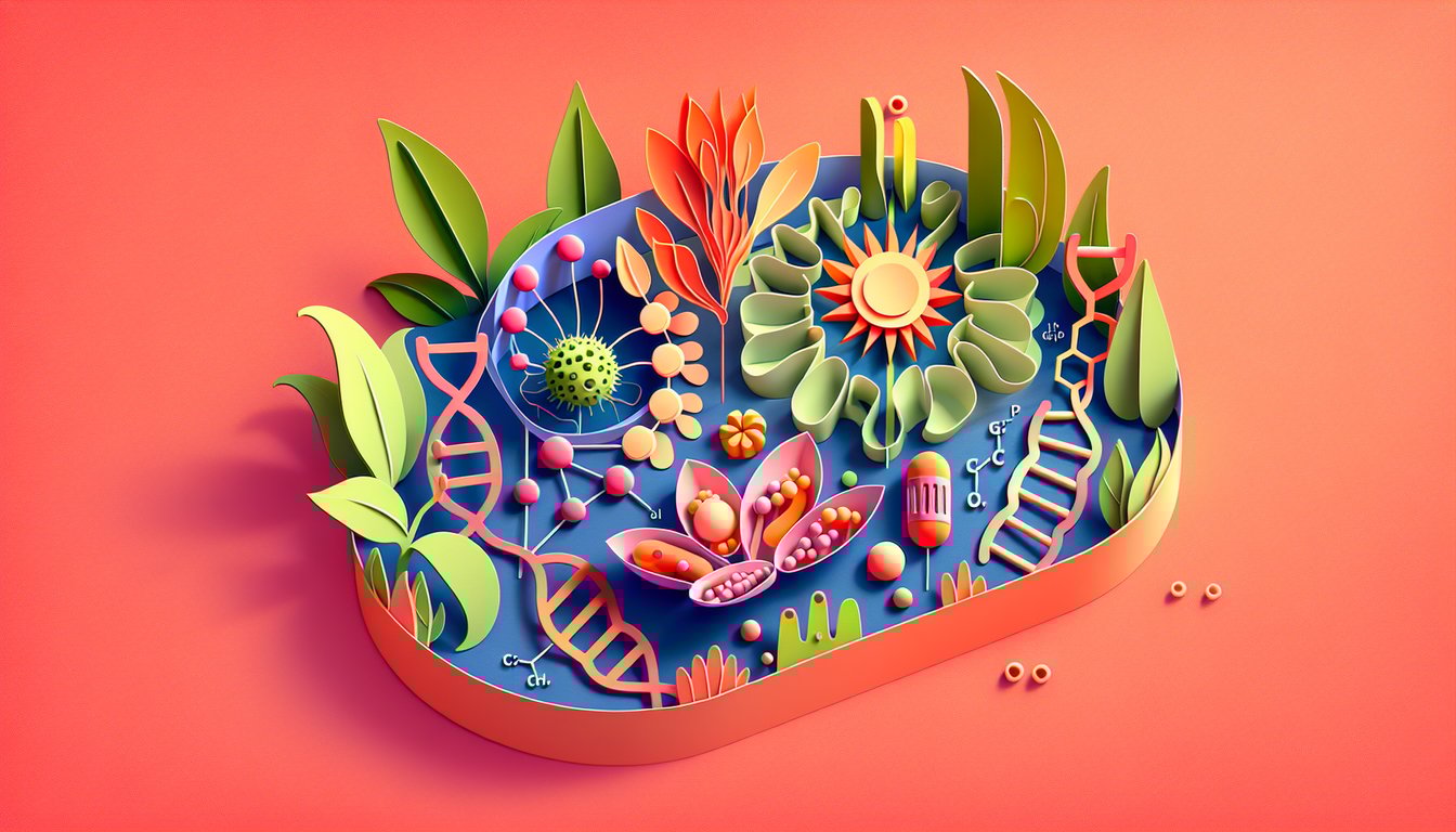 Paper art leaf sun cell icons cycle arrows on coral background for photosynthesis and cellular respiration quiz