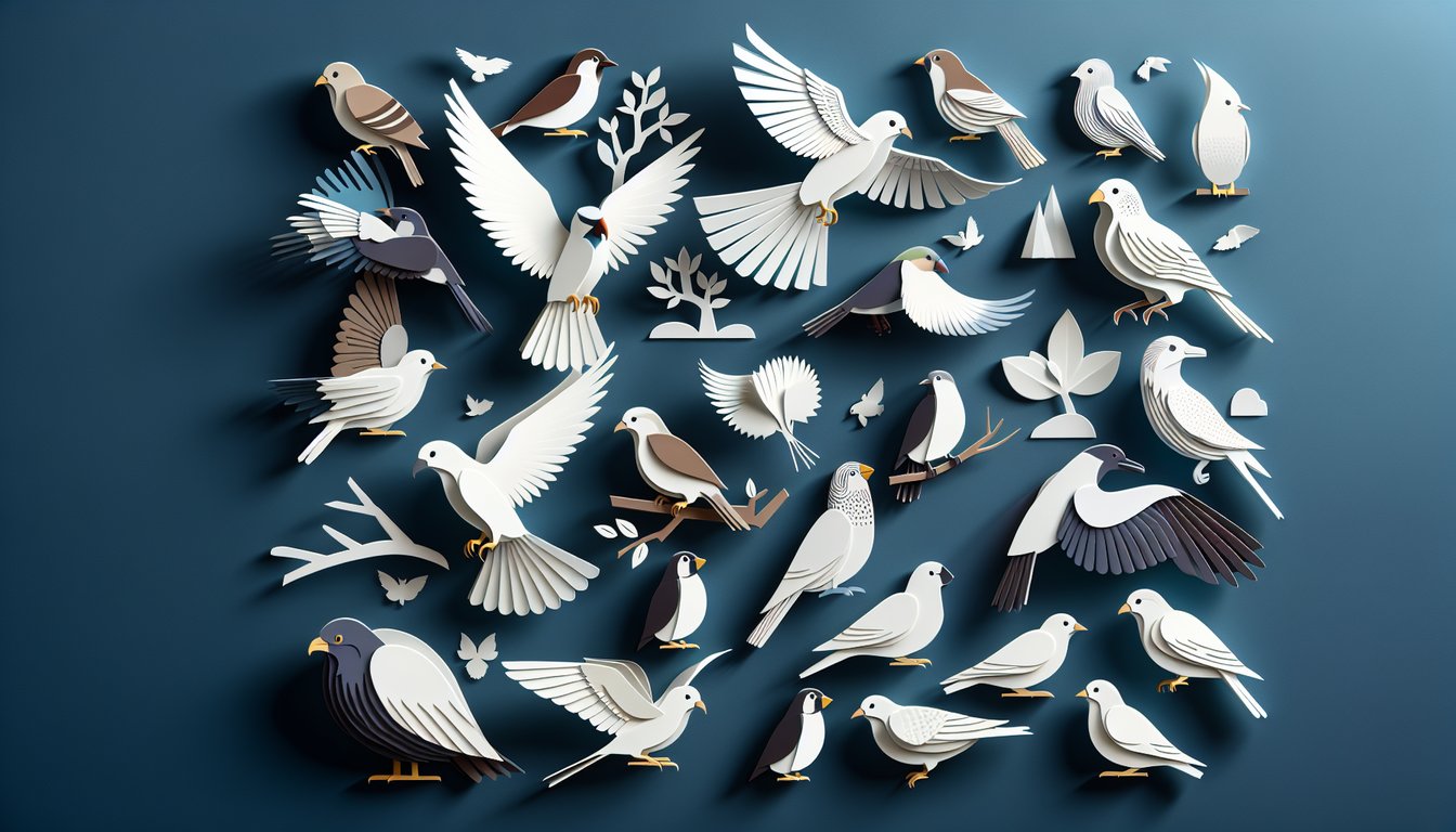 Paper art illustration for bird personality quiz on a dark blue background.