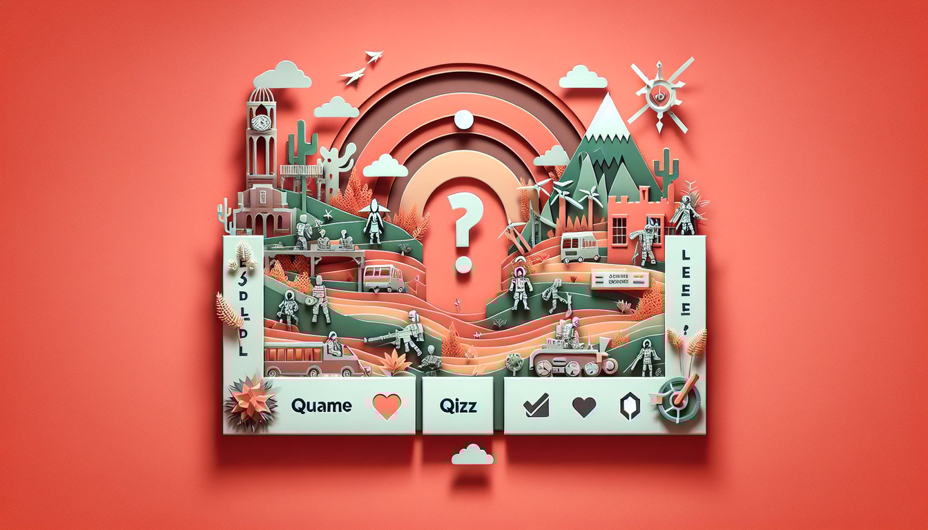 Paper cut Joker mask Persona 5 icons question marks and cards with bold quiz text on coral background