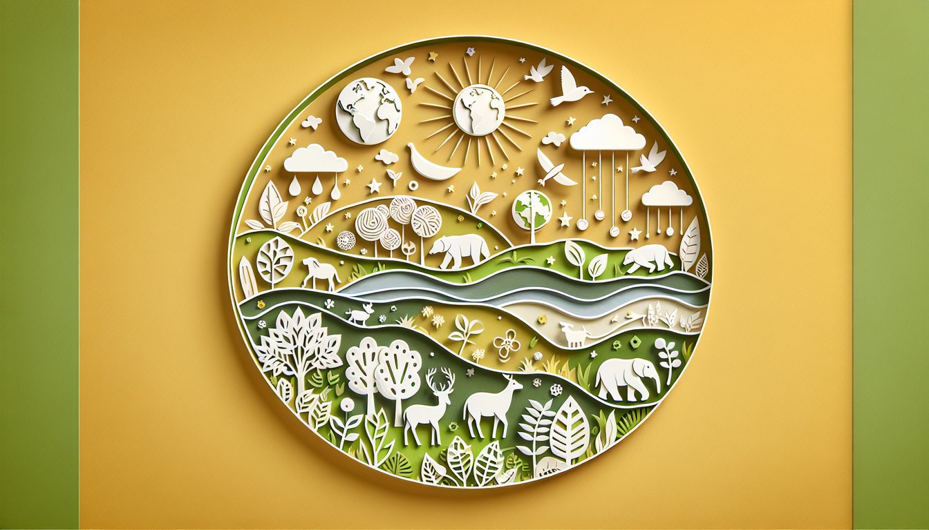Paper art illustration of globe leaves and animals on golden yellow background for Earth Day true false quiz