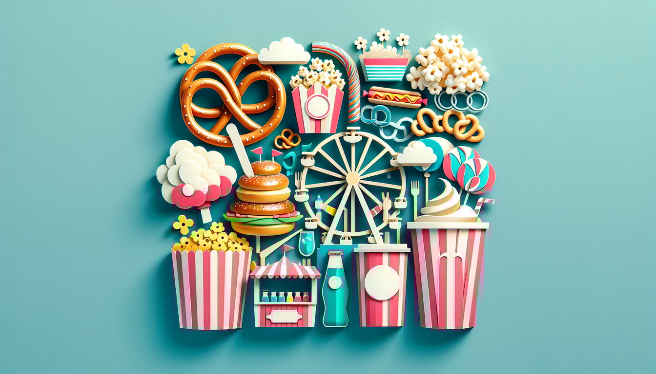 Paper art illustration for a fair food and drink trivia quiz on a teal background.