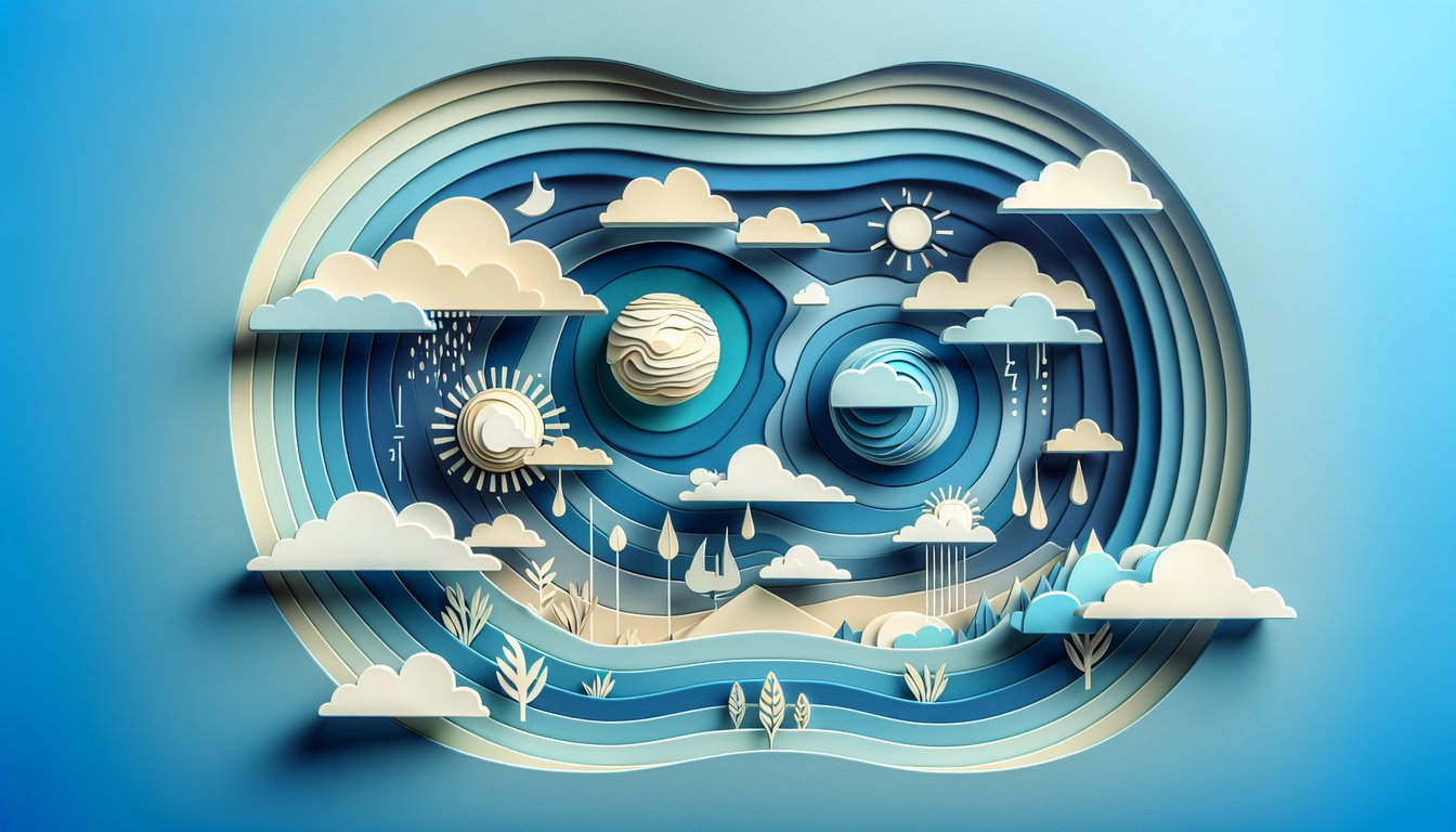Paper cutout style illustration showing Earth horizon clouds sun atmospheric layers quiz on sky blue background
