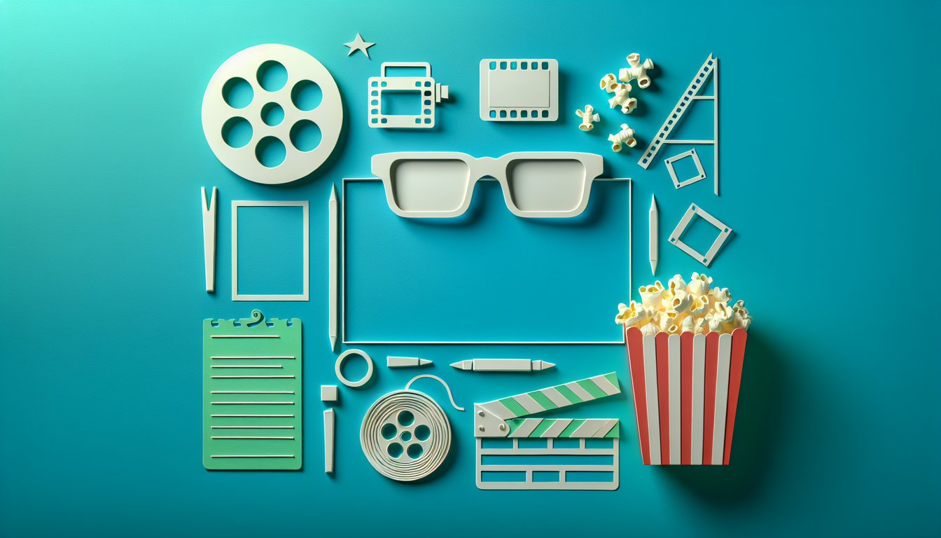 Paper art illustration for kids movie trivia quiz with clapperboard film reel characters on a teal background