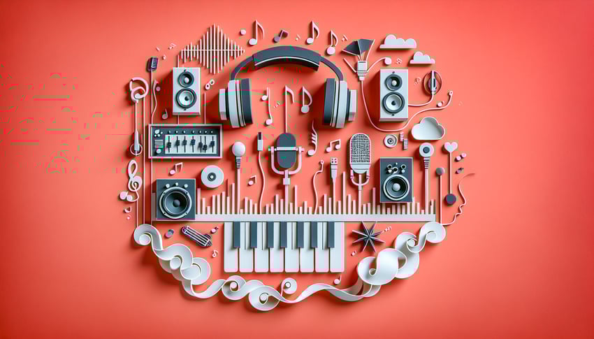 Paper art illustration showing audio engineer quiz theme with mixer microphone headphones music notes on coral background