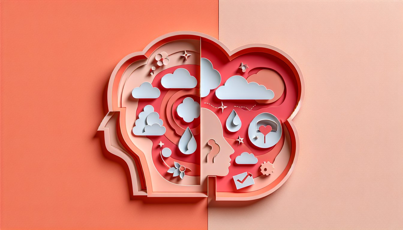 paper art illustration of layered shapes and mood icons for bipolar quiz on coral background