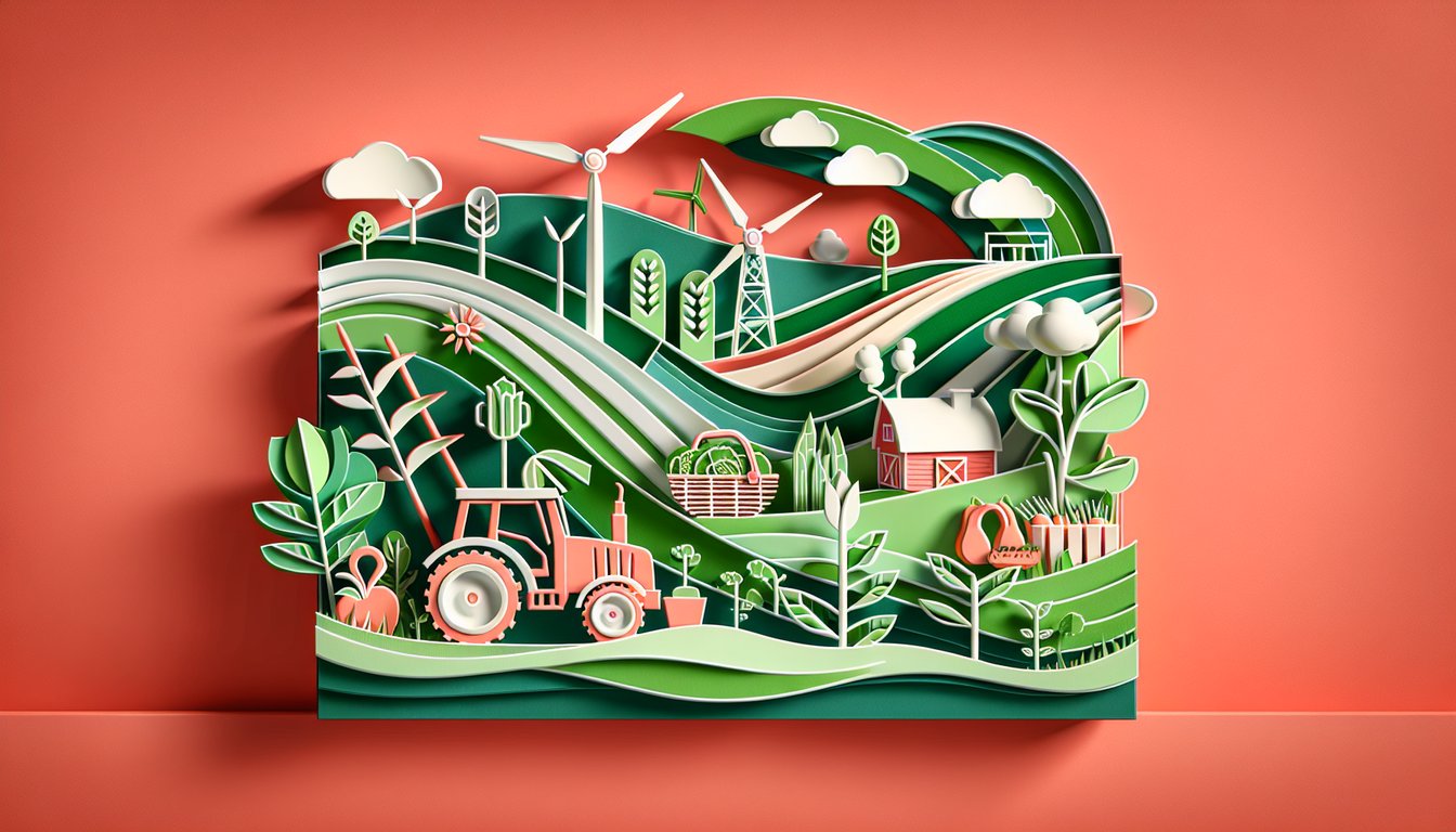Paper art style farm scene with barn tractor crops and farm tools on coral background for farming career quiz